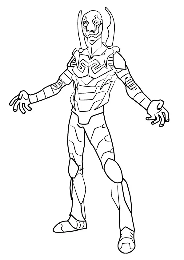 Desenho de contorno do herói Besouro Azul (Jaime Reyes) em pé, mostrando as placas da armadura, a máscara detalhada e as pinças do escaravelho nas costas.