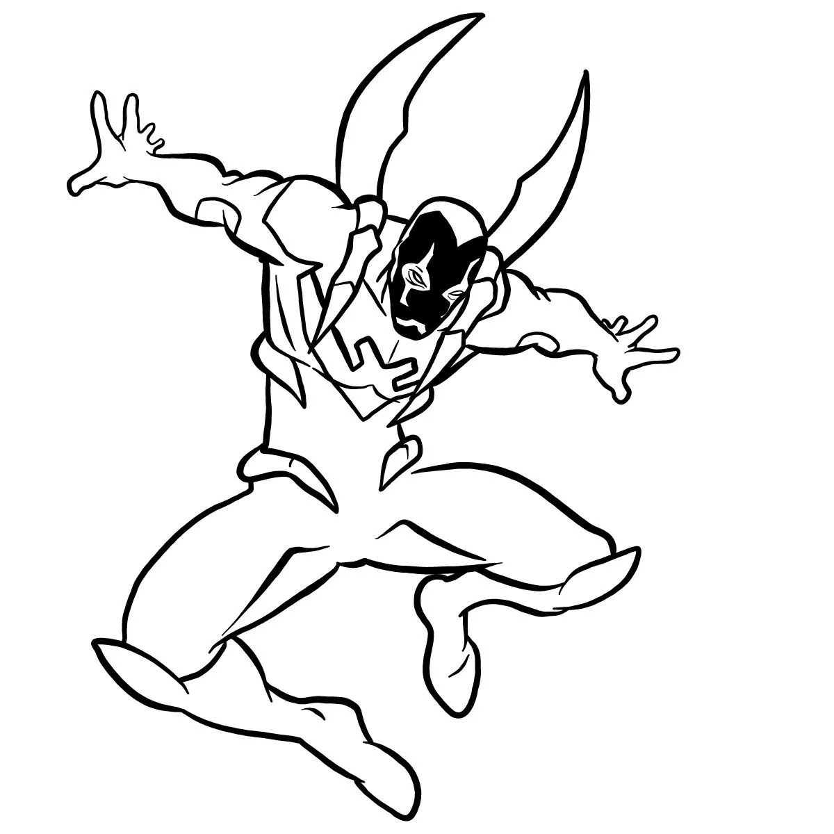 Desenho de contorno do Besouro Azul (Jaime Reyes) saltando ou voando, mostrando detalhes da máscara preta e as grandes asas da armadura.