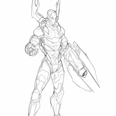 Desenho de contorno estilo esboço do Besouro Azul (Jaime Reyes) com o braço transformado em um grande canhão de energia e pinças de escaravelho nas costas.