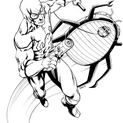 Desenho de contorno do Besouro Azul clássico usando óculos e segurando uma arma, saltando à frente de sua grande nave em formato de besouro.