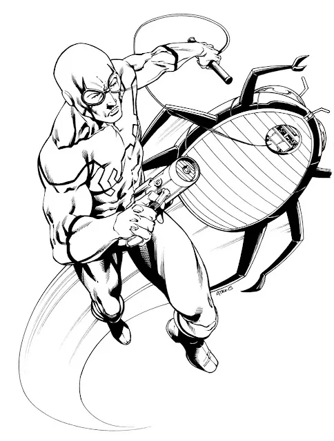 Desenho de contorno do Besouro Azul clássico usando óculos e segurando uma arma, saltando à frente de sua grande nave em formato de besouro.