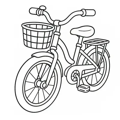 Desenho de contorno simples de uma bicicleta infantil com um cesto frontal de grade, selim baixo, pedais e um bagageiro na parte de trás.