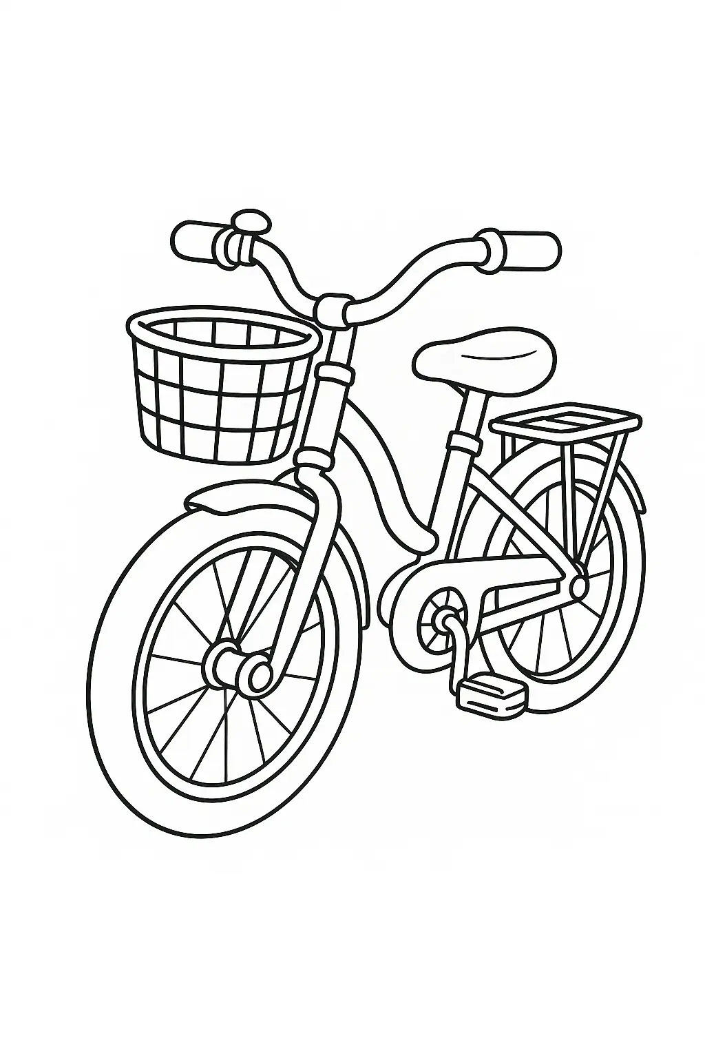 Desenho de contorno simples de uma bicicleta infantil com um cesto frontal de grade, selim baixo, pedais e um bagageiro na parte de trás.