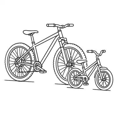Desenho de contorno de duas bicicletas lado a lado: uma mountain bike grande com pneus de cravo e suspensão, e uma bicicleta menor para criança.