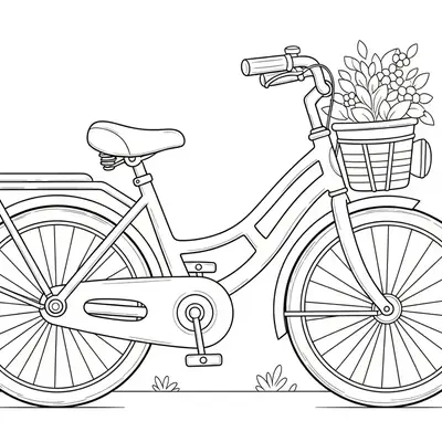 Desenho de contorno de uma bicicleta feminina vintage com cesto de flores no guidão, farol lateral e bagageiro traseiro sobre solo com grama.