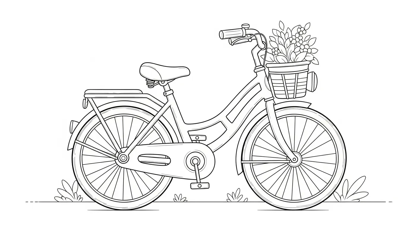 Desenho de contorno de uma bicicleta feminina vintage com cesto de flores no guidão, farol lateral e bagageiro traseiro sobre solo com grama.