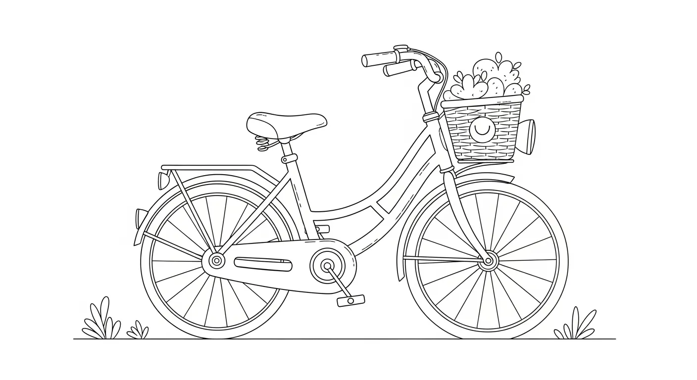 Desenho de contorno preto e branco de uma bicicleta vintage com cesta frontal de vime contendo frutas, vista de perfil em um caminho com grama.