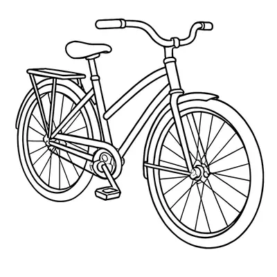 Desenho de contorno preto e branco de uma bicicleta urbana vista de ângulo ¾, com bagageiro traseiro, para-lamas e pneus de perfil médio.