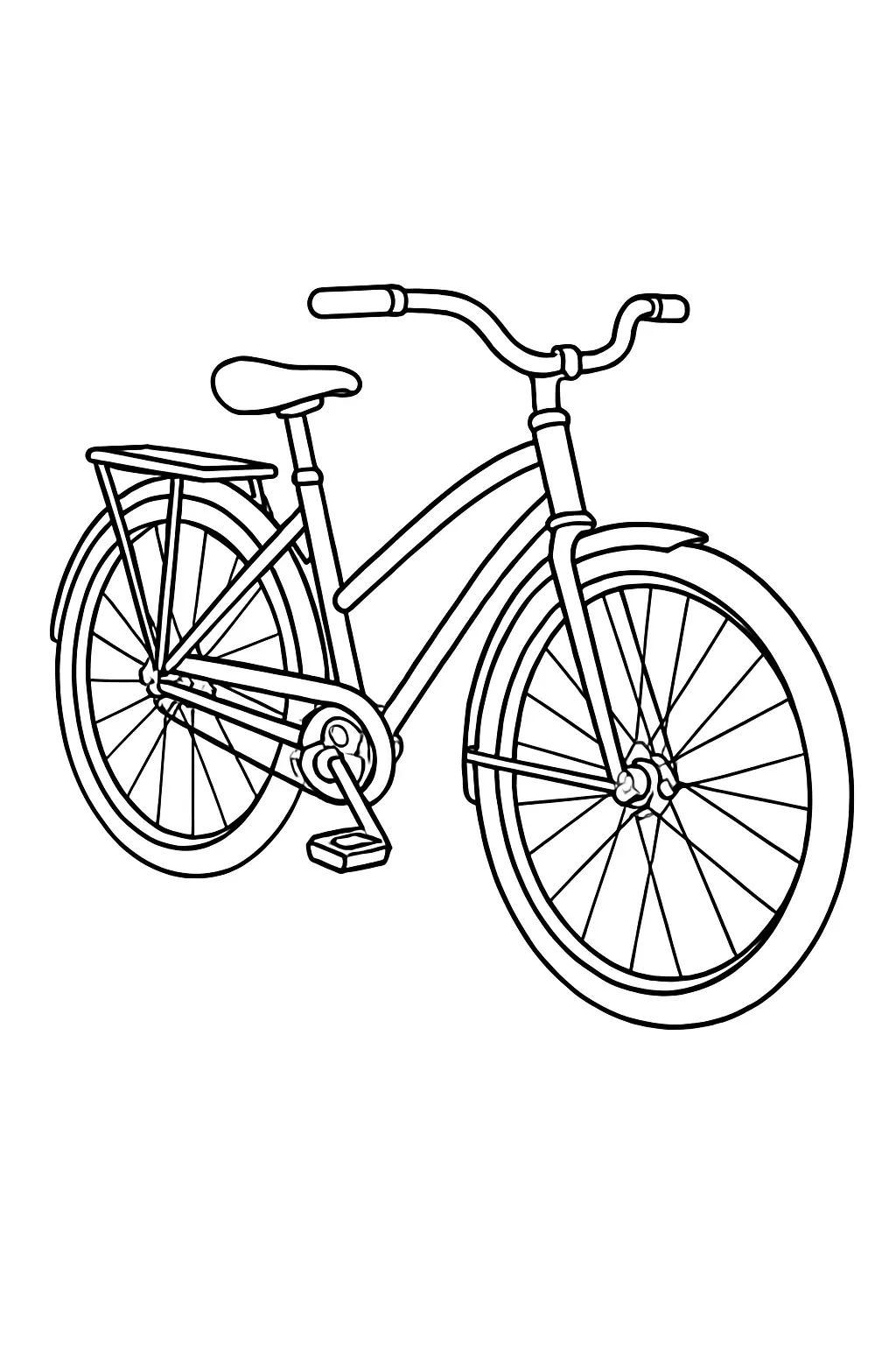 Desenho de contorno preto e branco de uma bicicleta urbana vista de ângulo ¾, com bagageiro traseiro, para-lamas e pneus de perfil médio.