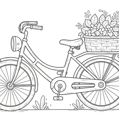 Desenho de contorno preto e branco de uma bicicleta feminina retrô vista de perfil, com um farol dianteiro e um cesto de flores no bagageiro traseiro.