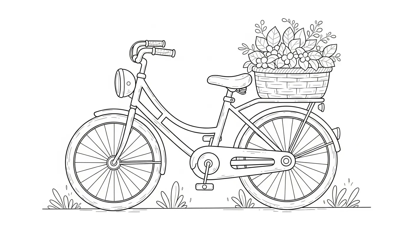 Desenho de contorno preto e branco de uma bicicleta feminina retrô vista de perfil, com um farol dianteiro e um cesto de flores no bagageiro traseiro.