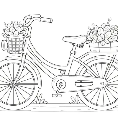Desenho de contorno preto e branco de uma bicicleta vintage de perfil com um cesto de flores frontal e outro traseiro sobre solo com grama.