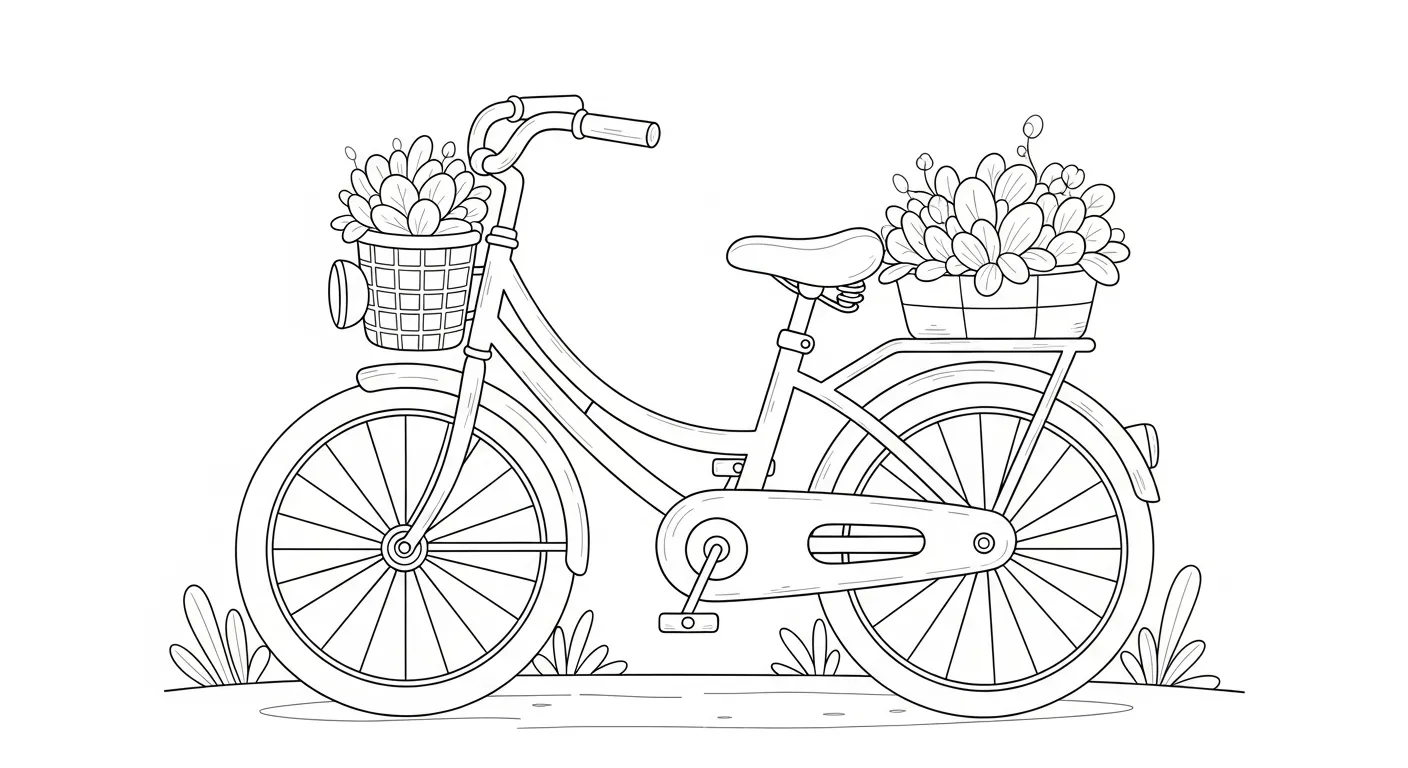 Desenho de contorno preto e branco de uma bicicleta vintage de perfil com um cesto de flores frontal e outro traseiro sobre solo com grama.
