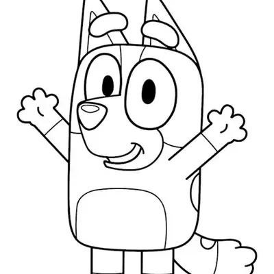 Desenho de contorno da personagem Bingo Heeler de pé, sorrindo com os braços levantados em um gesto de aceno ou alegria.