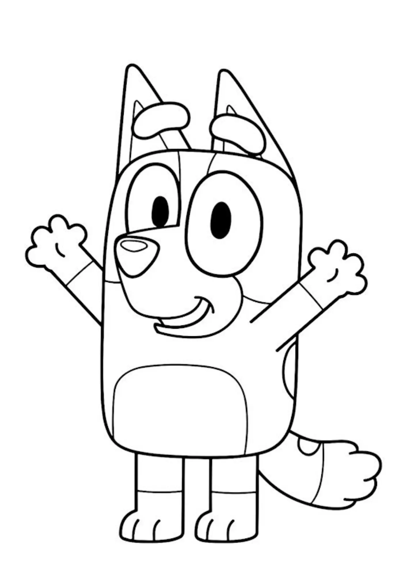 Desenho de contorno da personagem Bingo Heeler de pé, sorrindo com os braços levantados em um gesto de aceno ou alegria.