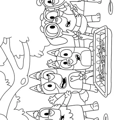 Churrasco no Quintal: Bluey, Bingo e Amigos para Colorir