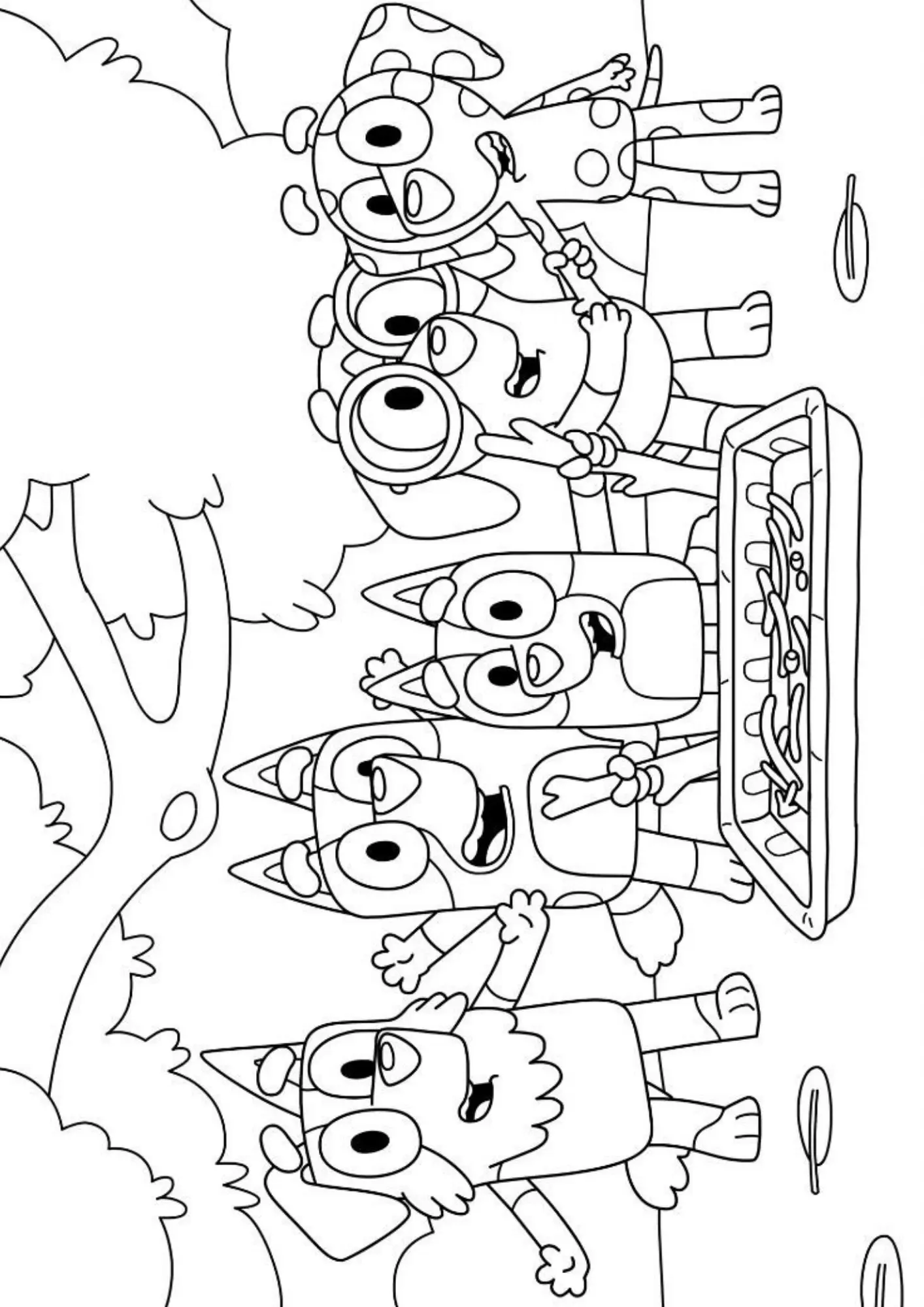 Desenho de contorno da Bluey, Bingo e Chloe brincando perto de uma bandeja de salsichas sob uma árvore no quintal.