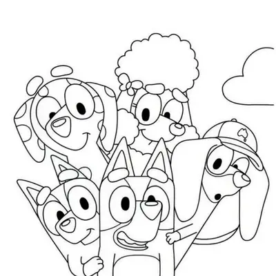 Desenho de contorno da Bluey no centro, rodeada por Bingo, a poodle Coco, o dachshund Snickers e a dálmata Chloe, todos sorrindo.