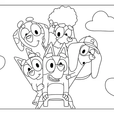Desenho de contorno da Bluey à frente, acompanhada por Chloe (dálmata), Coco (poodle) e Snickers (dachshund) com seu boné, cercados por nuvens.