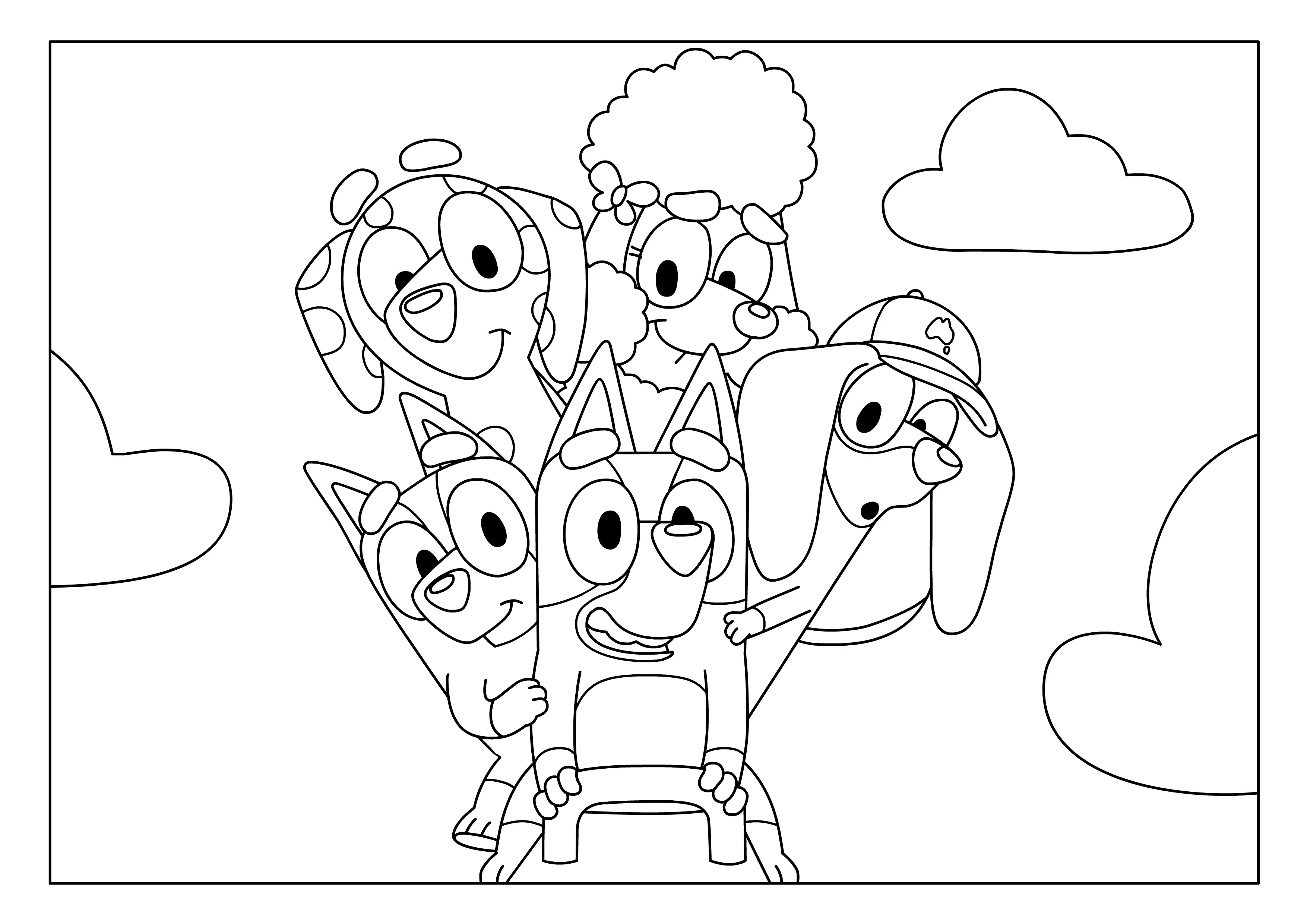Desenho de contorno da Bluey à frente, acompanhada por Chloe (dálmata), Coco (poodle) e Snickers (dachshund) com seu boné, cercados por nuvens.