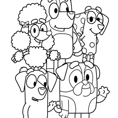 Desenho de contorno da Bluey no centro cercada por seus amigos: a poodle Coco, a dálmata Chloe e o pug Winton, todos sorrindo e acenando.