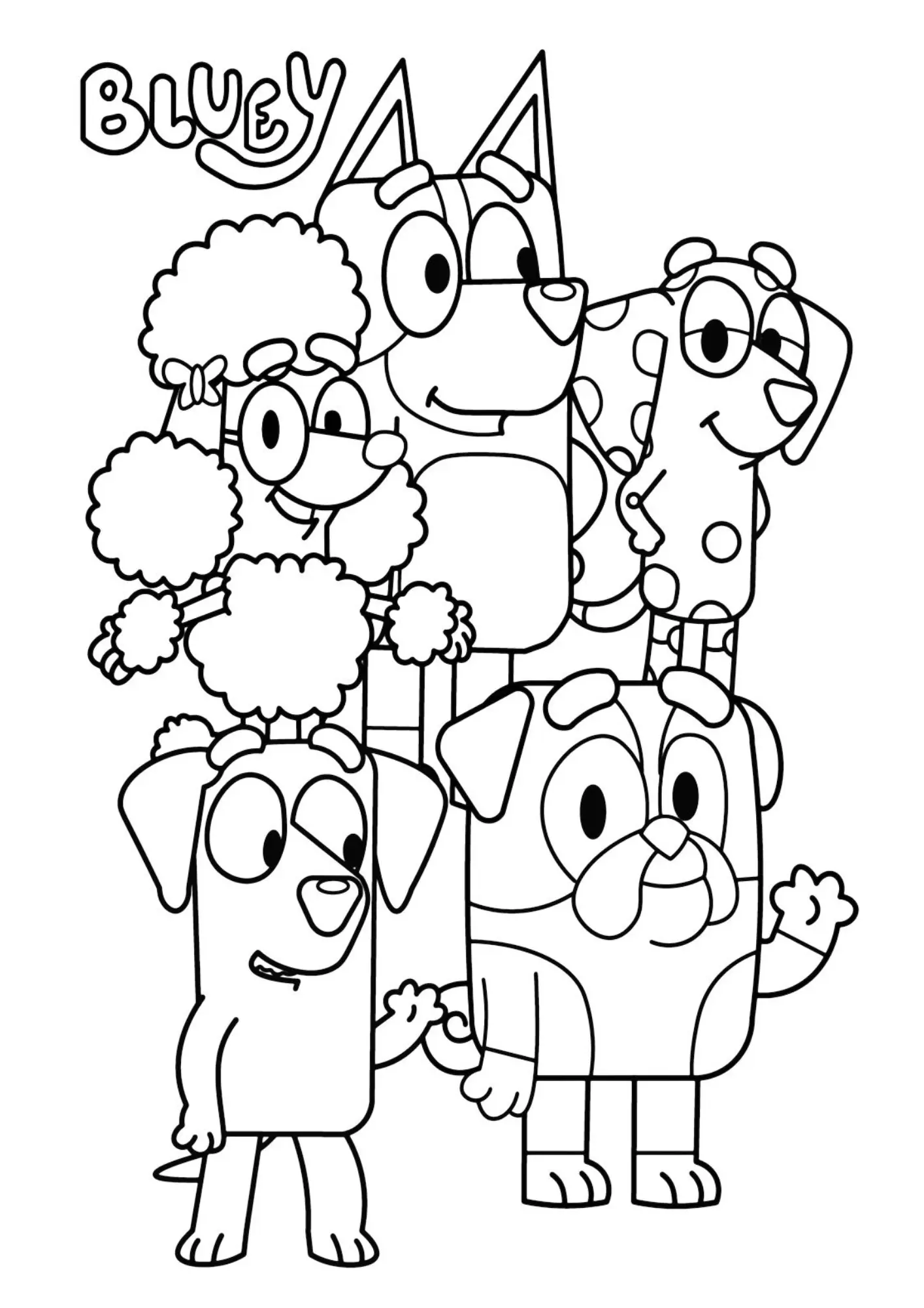 Desenho de contorno da Bluey no centro cercada por seus amigos: a poodle Coco, a dálmata Chloe e o pug Winton, todos sorrindo e acenando.
