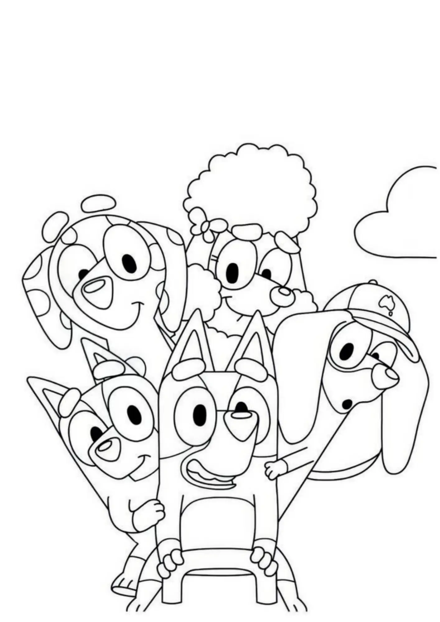 Desenho de contorno da Bluey no centro, rodeada por Bingo, a poodle Coco, o dachshund Snickers e a dálmata Chloe, todos sorrindo.