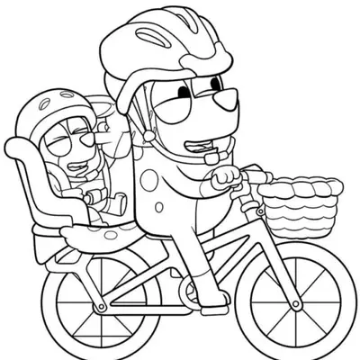 Desenho de contorno da Bluey usando capacete e pedalando uma bicicleta com uma cesta na frente e a Bingo sentada na cadeirinha de segurança atrás.