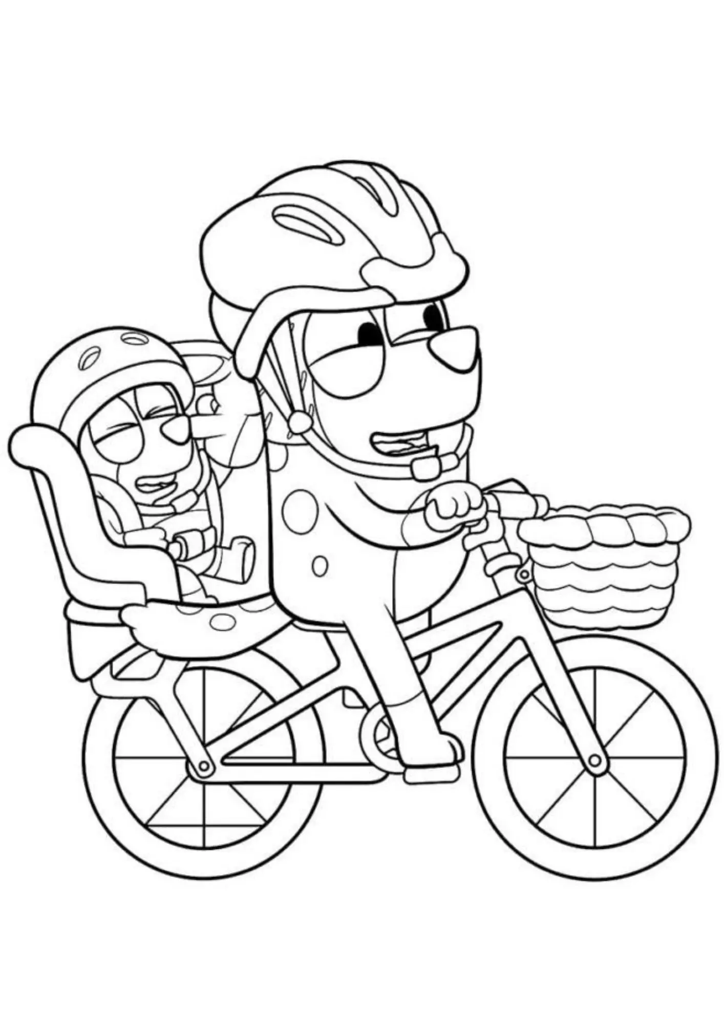 Desenho de contorno da Bluey usando capacete e pedalando uma bicicleta com uma cesta na frente e a Bingo sentada na cadeirinha de segurança atrás.