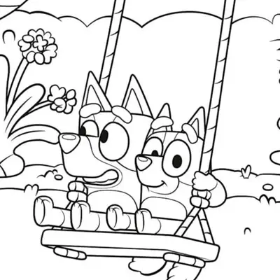 Desenho de contorno das irmãs Bluey e Bingo sentadas juntas em um balanço de madeira sustentado por cordas, com flores ao fundo.