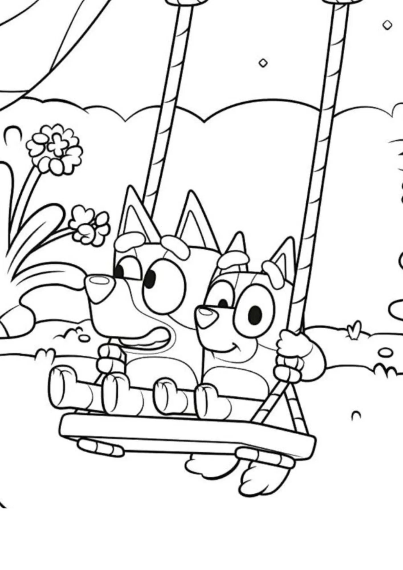 Desenho de contorno das irmãs Bluey e Bingo sentadas juntas em um balanço de madeira sustentado por cordas, com flores ao fundo.