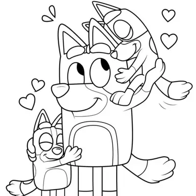 Amor de Família: Bluey e Bingo Abraçando o Papai Bandit para Colorir