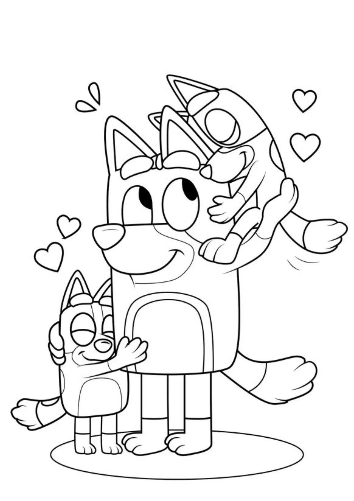 Desenho de contorno do Bandit Heeler em pé, com a Bingo abraçando sua perna e a Bluey em seus braços, cercados por corações.