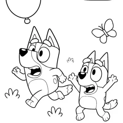 Desenho de contorno da Bluey e sua irmã Bingo correndo atrás de um balão no ar, com uma borboleta e nuvens ao fundo.
