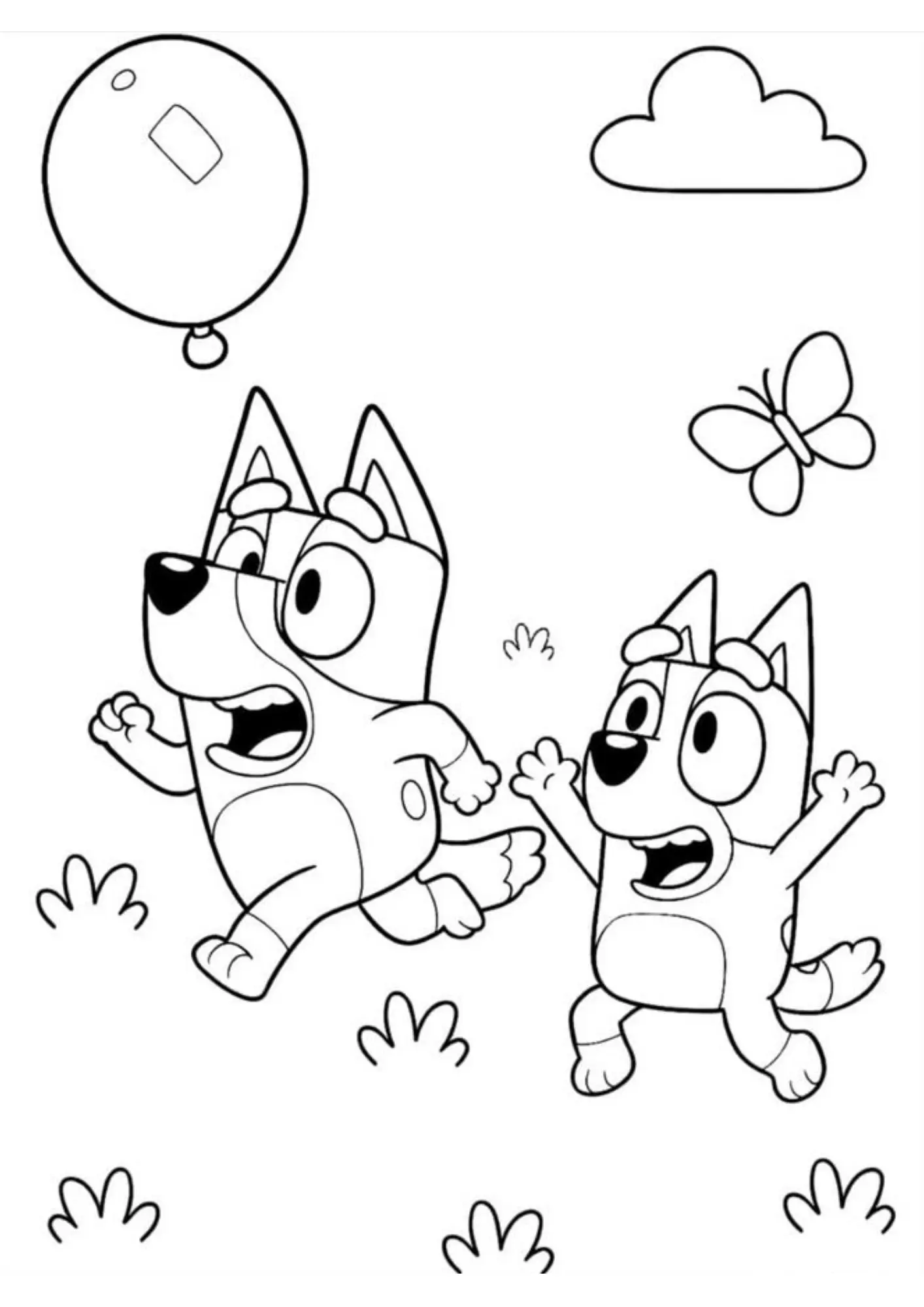 Desenho de contorno da Bluey e sua irmã Bingo correndo atrás de um balão no ar, com uma borboleta e nuvens ao fundo.