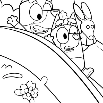 Desenho de contorno da Bluey e Bingo descendo um escorrega, com flores no primeiro plano e um boneco de pelúcia de coelho ao lado.