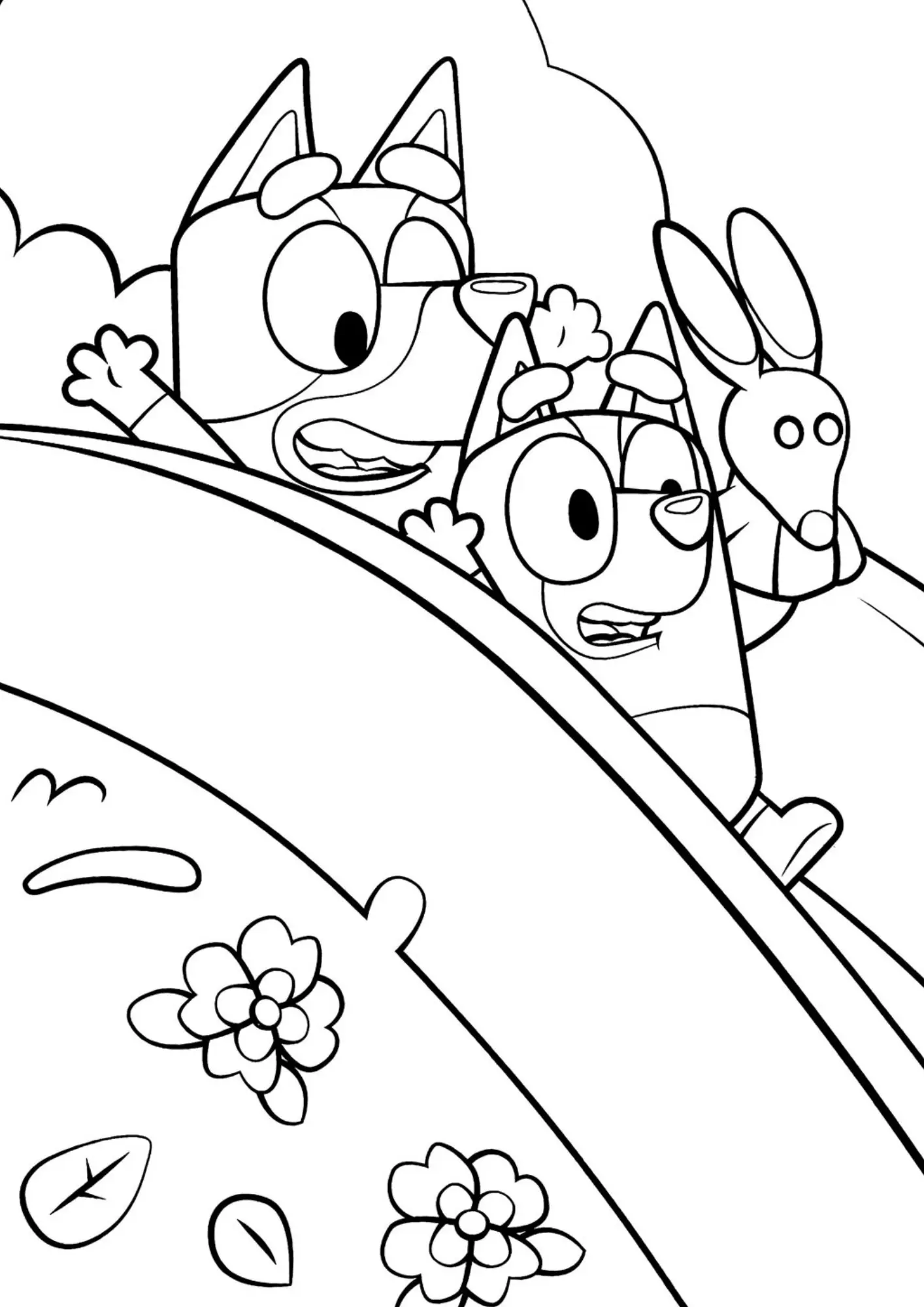 Desenho de contorno da Bluey e Bingo descendo um escorrega, com flores no primeiro plano e um boneco de pelúcia de coelho ao lado.
