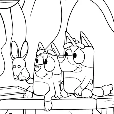 Desenho de contorno da Bluey e Bingo sentadas em um banco de madeira, com a Bluey segurando um fantoche de coelho na pata.