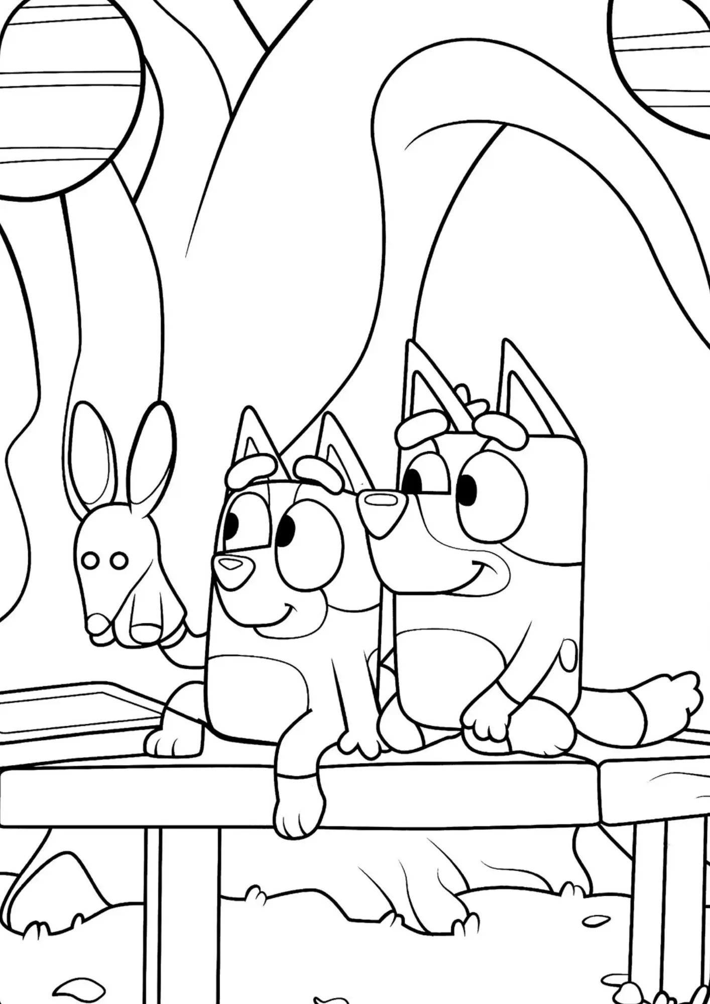 Desenho de contorno da Bluey e Bingo sentadas em um banco de madeira, com a Bluey segurando um fantoche de coelho na pata.