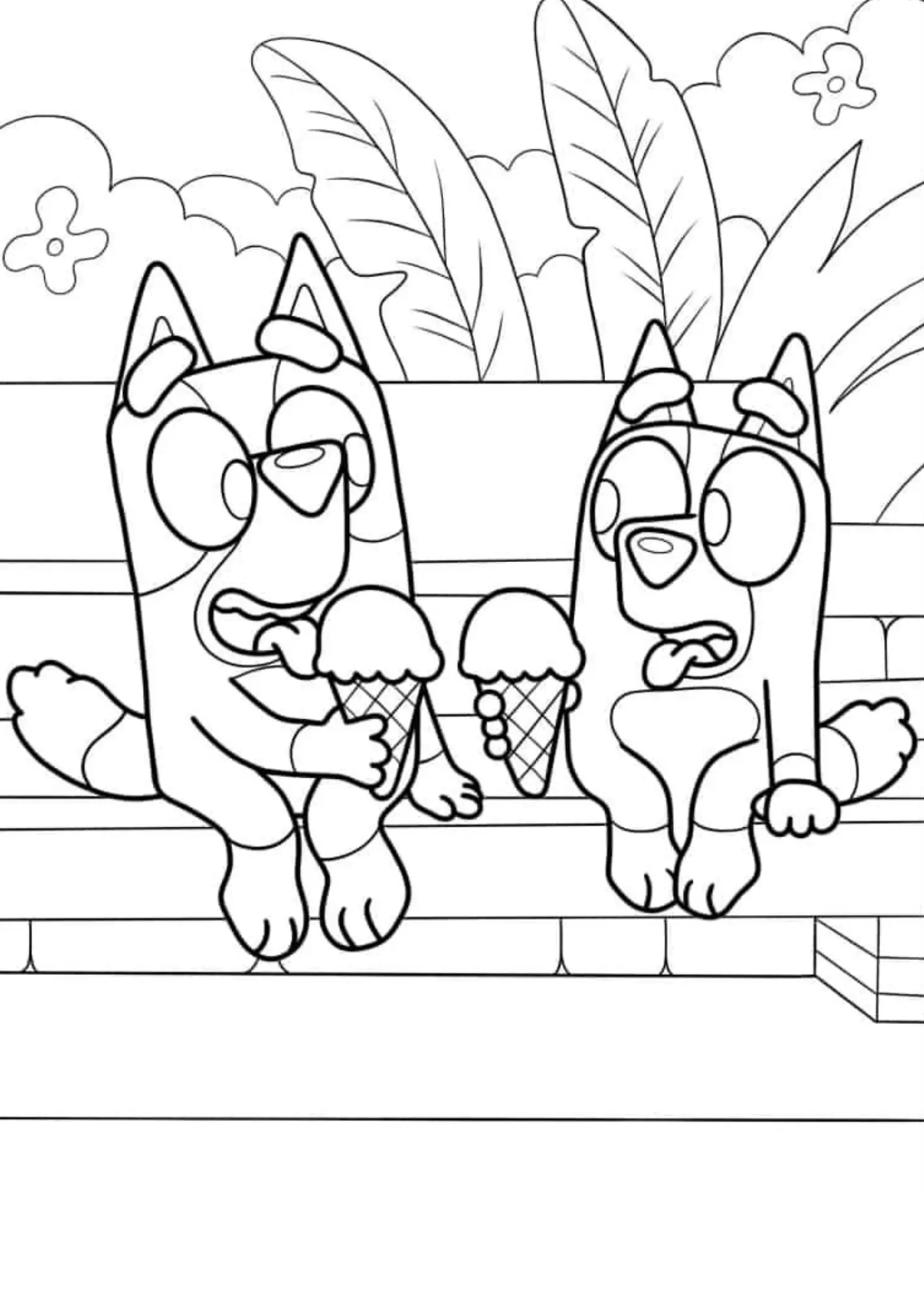 Desenho de contorno da Bluey e da Bingo sentadas em um degrau, cada uma segurando uma casquinha de sorvete e mostrando a língua.