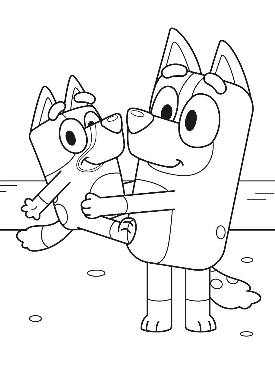 Desenho de contorno da Bluey em pé, segurando a Bingo nos braços. Bingo está sorrindo com os braços abertos em um cenário de praia.