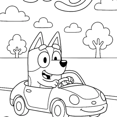 Desenho de contorno da Bluey sorrindo enquanto dirige um carro conversível em uma estrada, com árvores e nuvens ao fundo.