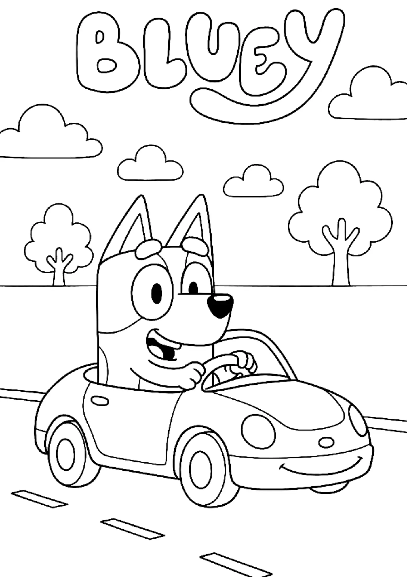 Desenho de contorno da Bluey sorrindo enquanto dirige um carro conversível em uma estrada, com árvores e nuvens ao fundo.