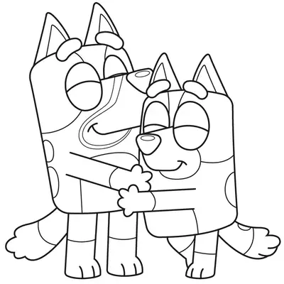 Desenho de contorno das irmãs Bluey e Bingo em um abraço carinhoso, ambas com os olhos fechados e sorrindo.