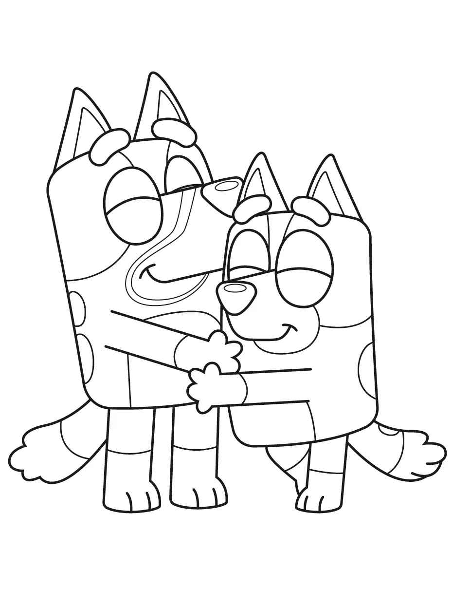 Desenho de contorno das irmãs Bluey e Bingo em um abraço carinhoso, ambas com os olhos fechados e sorrindo.