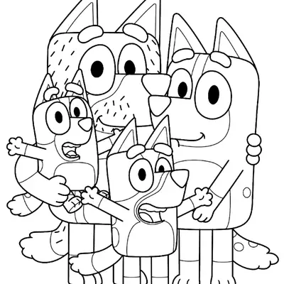 Desenho de contorno da família Heeler: Bandit e Chilli abraçando Bluey e Bingo, todos sorrindo com as patas abertas.