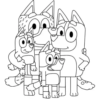 Desenho de contorno da família completa da Bluey em um abraço coletivo: Bandit atrás, Chilli à direita e as irmãs Bluey e Bingo à frente.