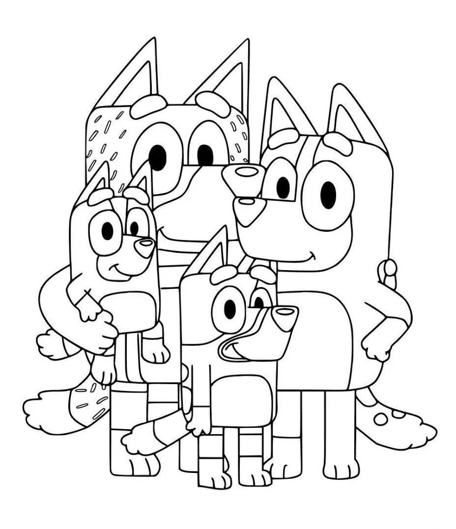 Desenho de contorno da família completa da Bluey em um abraço coletivo: Bandit atrás, Chilli à direita e as irmãs Bluey e Bingo à frente.