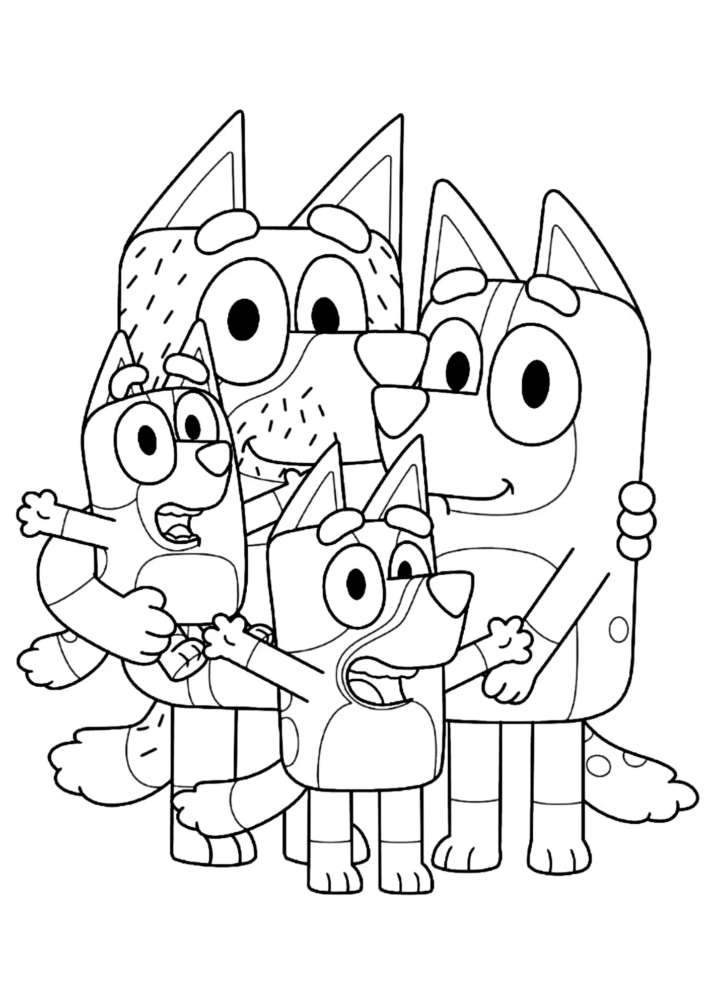 Desenho de contorno da família Heeler: Bandit e Chilli abraçando Bluey e Bingo, todos sorrindo com as patas abertas.