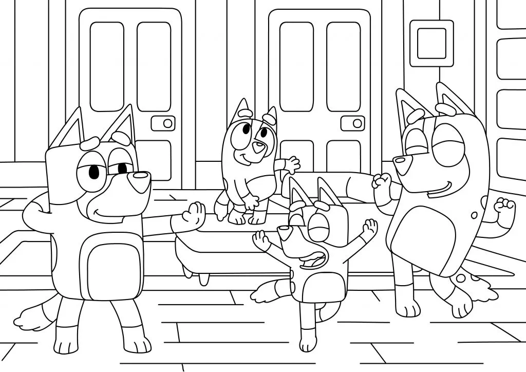 Desenho de contorno da família Heeler (Bluey, Bingo, Bandit e Chilli) dançando na sala de estar, com sofá e portas ao fundo.